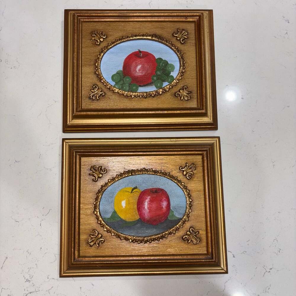 Vintage Framed Still Life Oil Painting Apple Fruit Pair Beautiful Ornate Frames